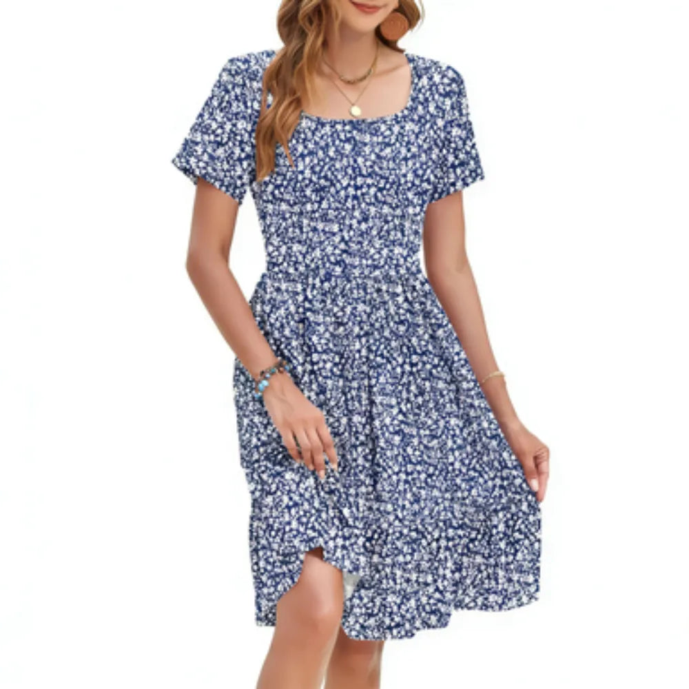 Women's Floral Square Neck Dress 🌸 Flowy A-Line Silhouette with Pockets & Ruffle Hem