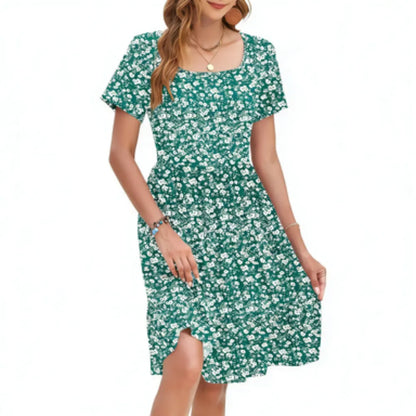 Women's Floral Square Neck Dress 🌸 Flowy A-Line Silhouette with Pockets & Ruffle Hem
