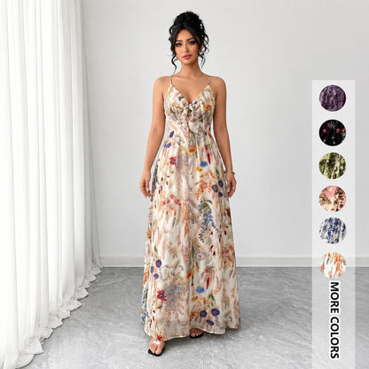 Women's Floral Spaghetti Strap Maxi Dress 🌸 Boho A-Line Summer Dress for Beach Vacation