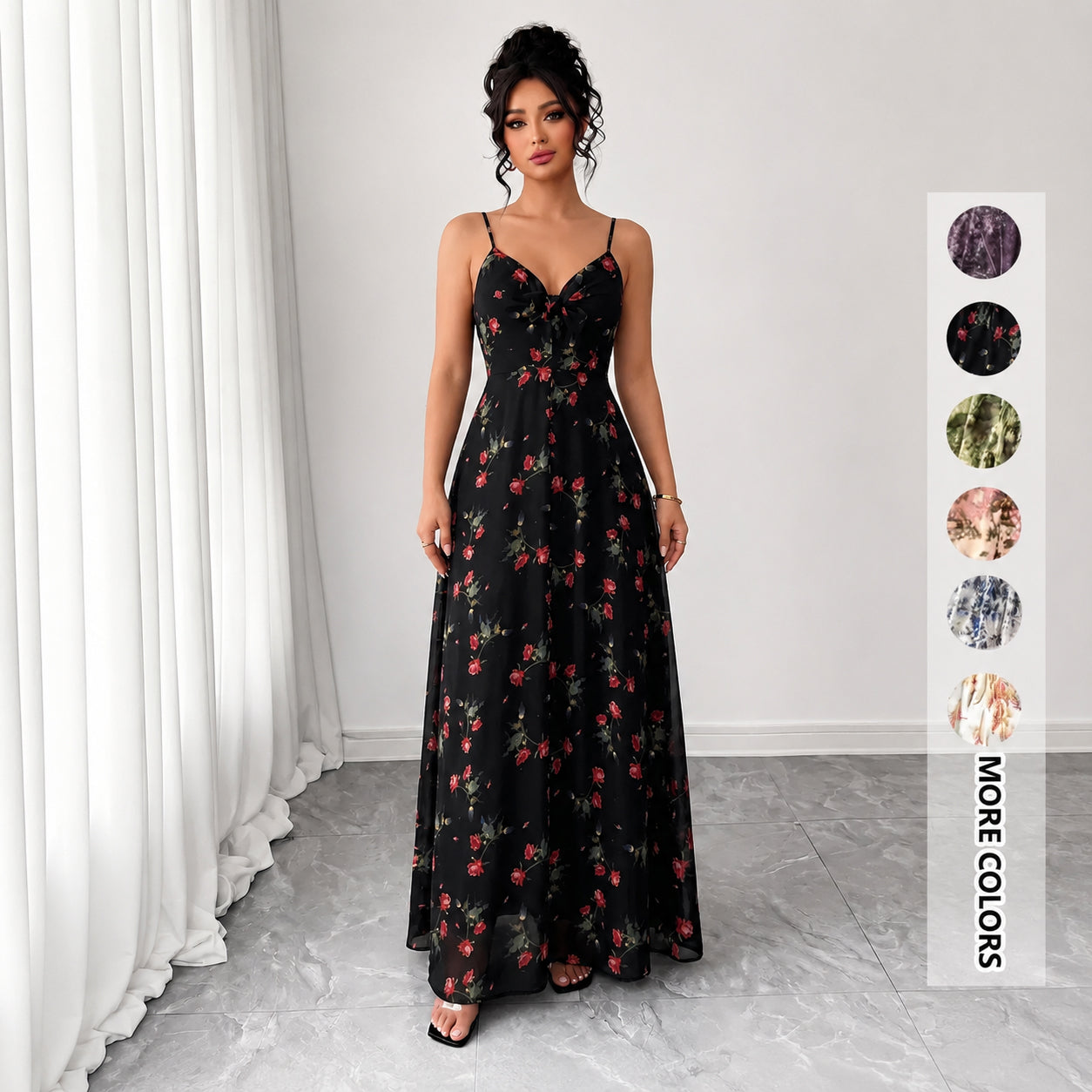 Women's Floral Spaghetti Strap Maxi Dress 🌸 Boho A-Line Summer Dress for Beach Vacation