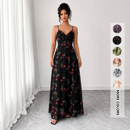 Women's Floral Spaghetti Strap Maxi Dress 🌸 Boho A-Line Summer Dress for Beach Vacation