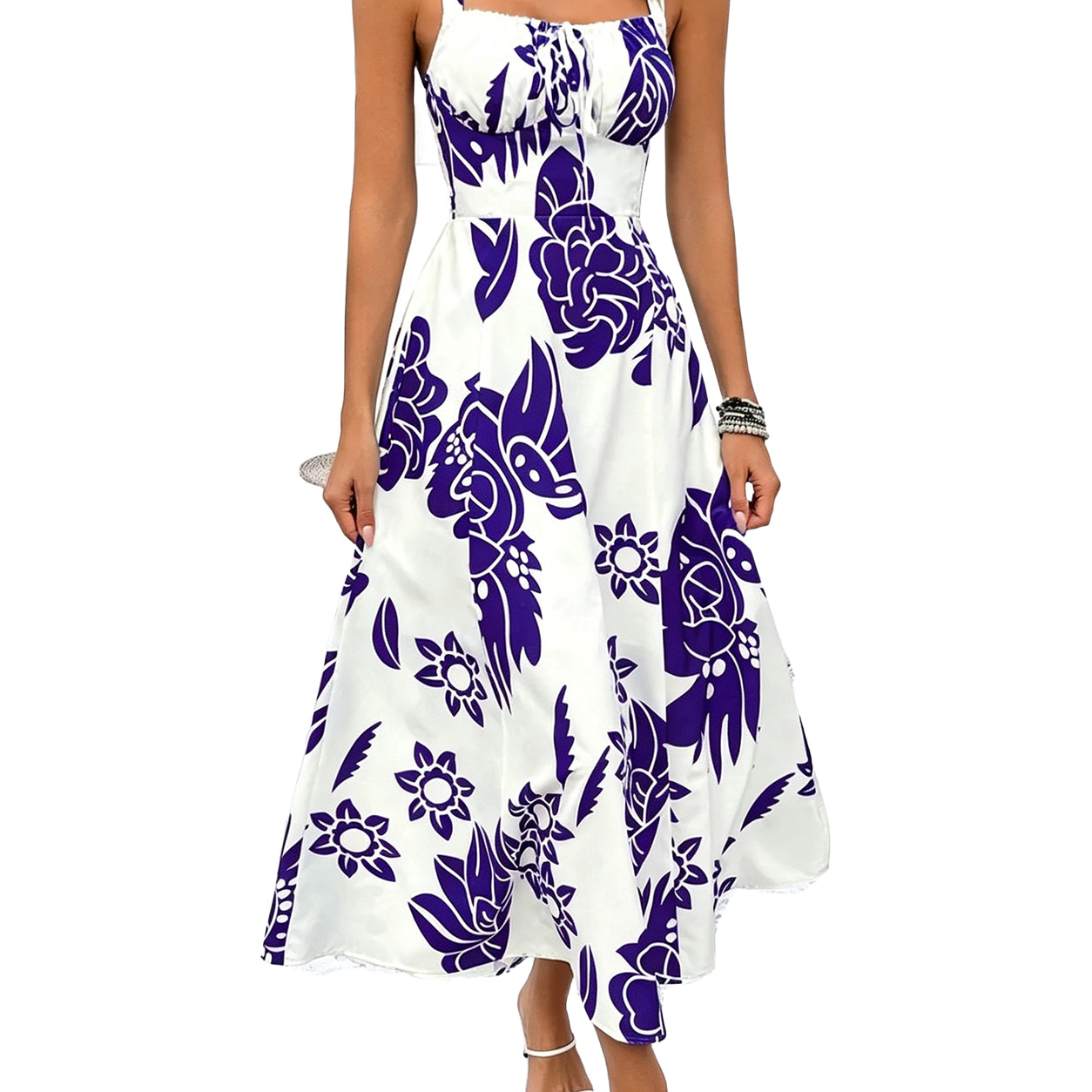 🌸 2026 Trending Floral Maxi Dress ✿ Women’s Wide Strap Backless Ruched Sleeveless Summer Dress ✿ Elegant Vacation Casual Long Dress