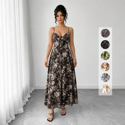 Women's Floral Spaghetti Strap Maxi Dress 🌸 Boho A-Line Summer Dress for Beach Vacation