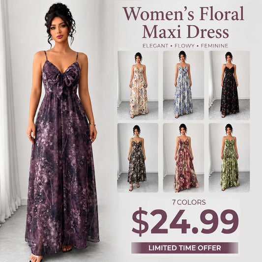 Women's Floral Spaghetti Strap Maxi Dress 🌸 Boho A-Line Summer Dress for Beach Vacation