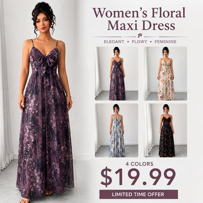 Women's Floral Spaghetti Strap Maxi Dress 🌸 Boho A-Line Summer Dress for Beach Vacation