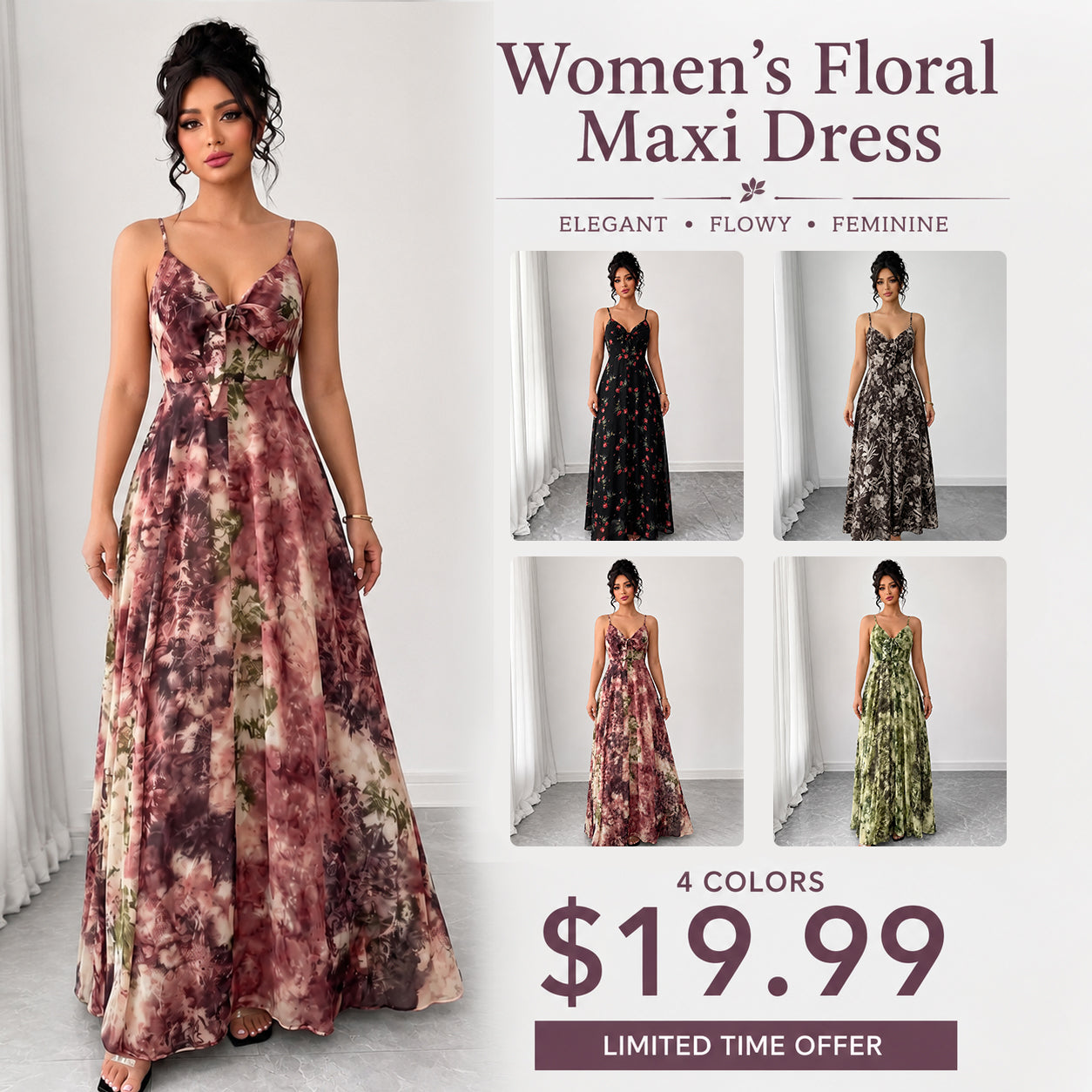 Women's Floral Spaghetti Strap Maxi Dress 🌸 Boho A-Line Summer Dress for Beach Vacation