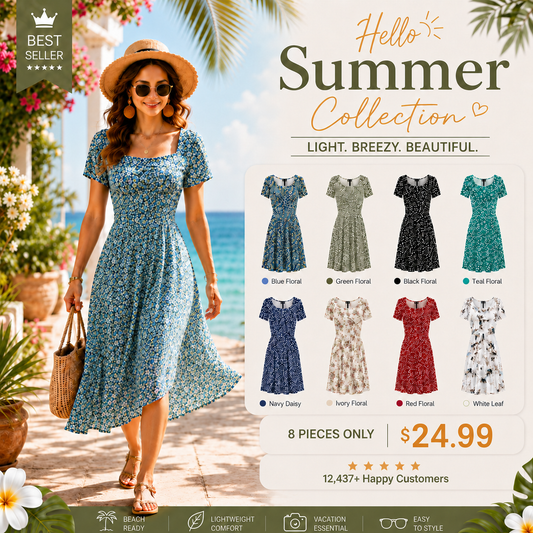 Women's Floral Square Neck Dress 🌸 Flowy A-Line Silhouette with Pockets & Ruffle Hem