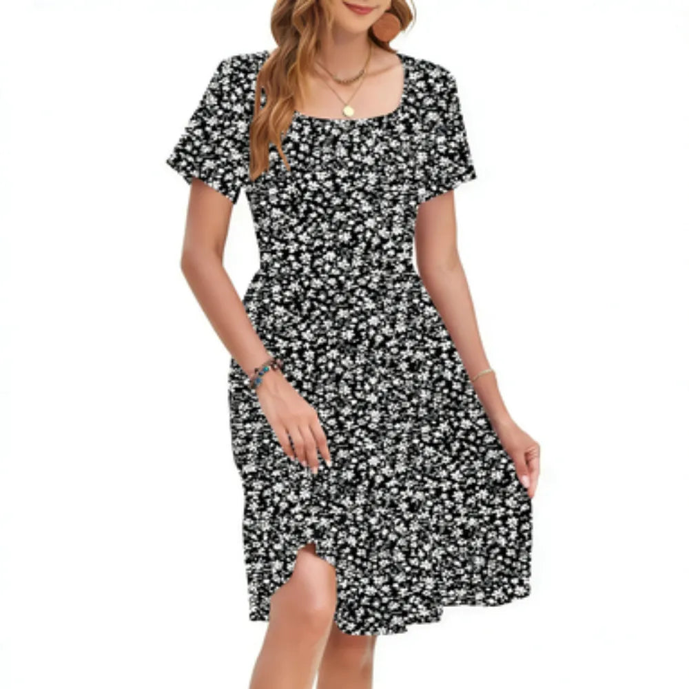 Women's Floral Square Neck Dress 🌸 Flowy A-Line Silhouette with Pockets & Ruffle Hem