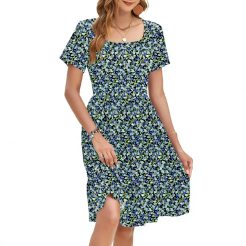 Women's Floral Square Neck Dress 🌸 Flowy A-Line Silhouette with Pockets & Ruffle Hem
