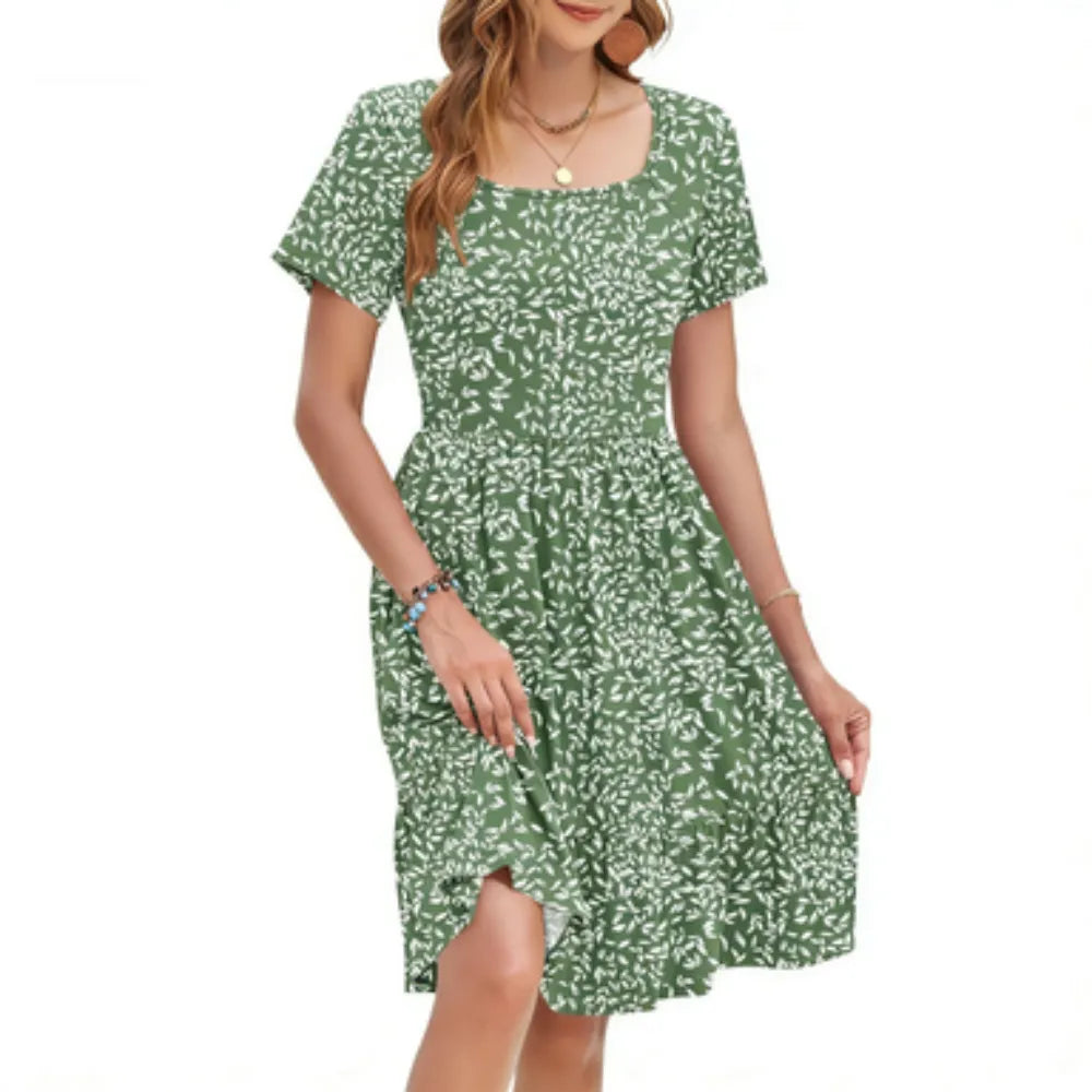 Women's Floral Square Neck Dress 🌸 Flowy A-Line Silhouette with Pockets & Ruffle Hem