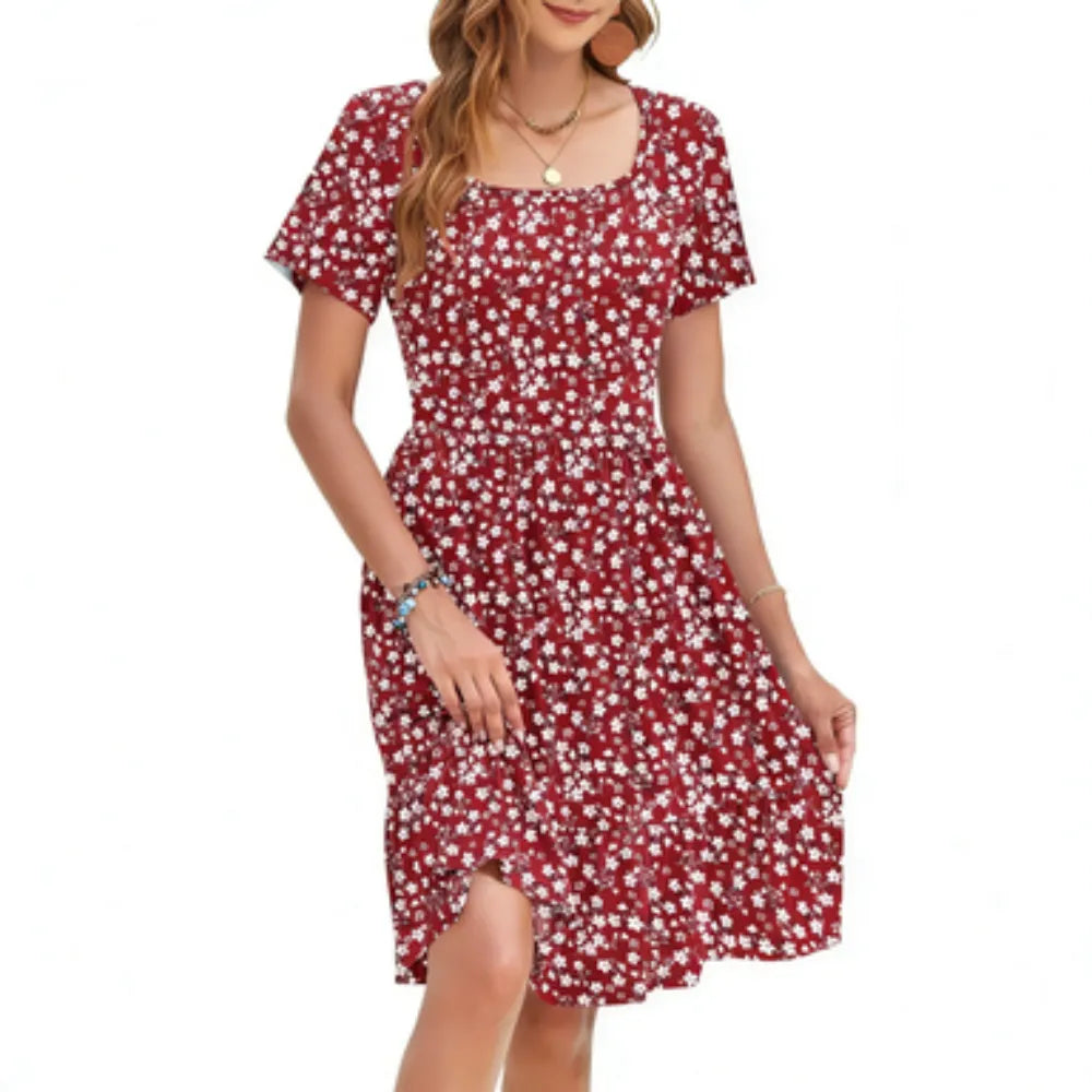 Women's Floral Square Neck Dress 🌸 Flowy A-Line Silhouette with Pockets & Ruffle Hem
