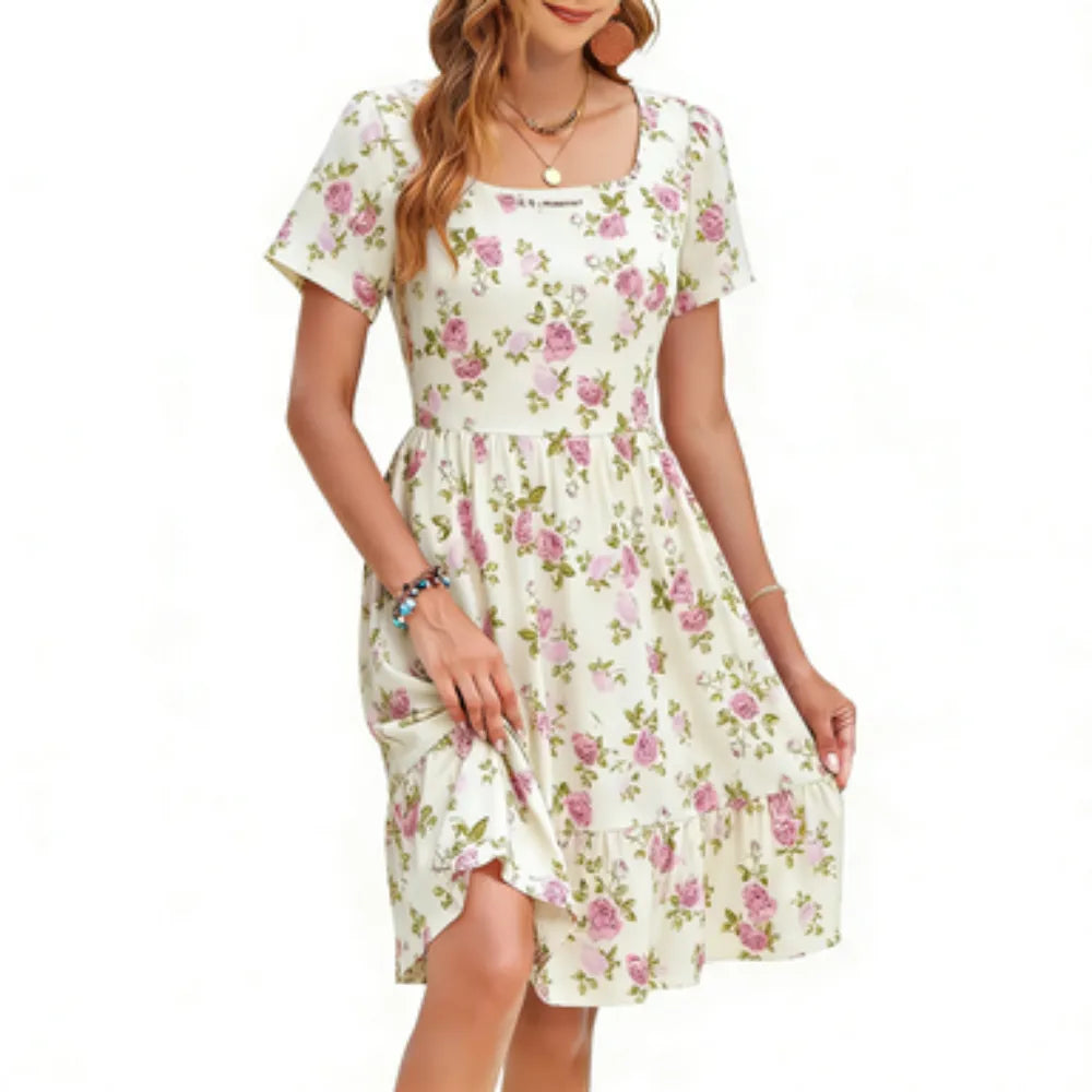 Women's Floral Square Neck Dress 🌸 Flowy A-Line Silhouette with Pockets & Ruffle Hem
