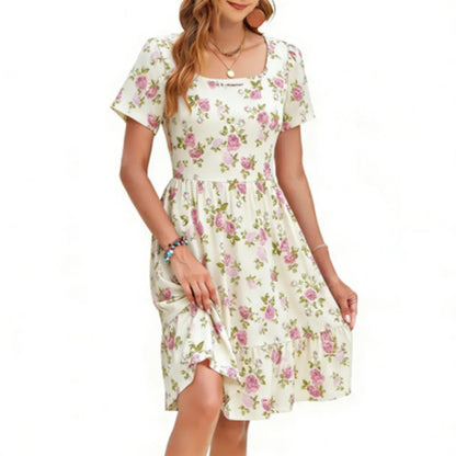 Women's Floral Square Neck Dress 🌸 Flowy A-Line Silhouette with Pockets & Ruffle Hem